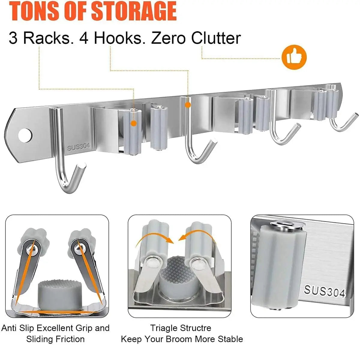 Stainless Steel Broom Organizer Wall Mount, Storage Hook Suitable for Home, Kitchen, Bathroom, Garage Pattan Australia